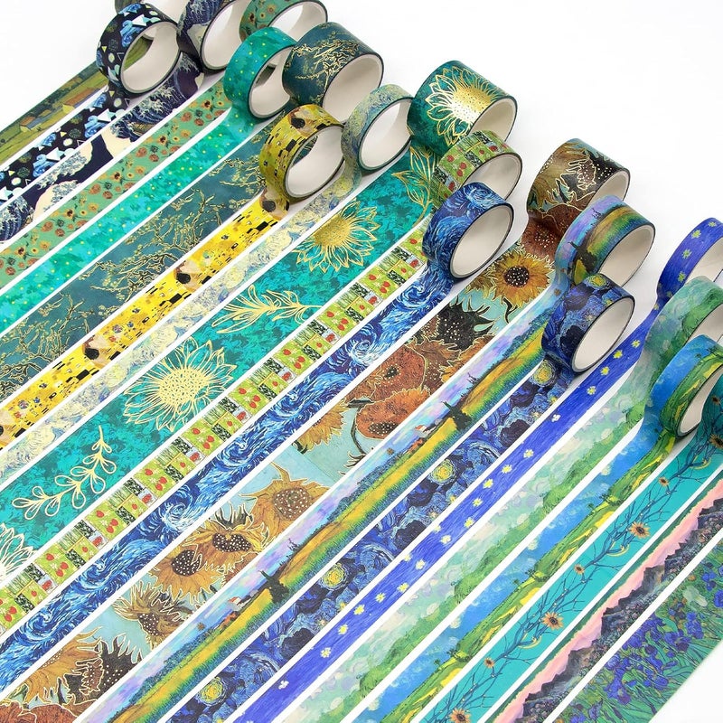 Geesinimo Washi Tape Set, 36 Rolls Van Gogh Vintage Gold Washy Tape, Wide Decorative Tape for Journaling, Scrapbooking Supplies,Vision Board Supplies, 6 Sizes Craft Watercolor Tape - Image 4